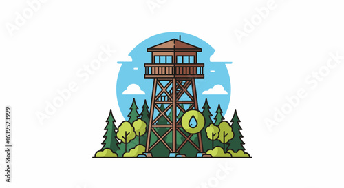 Stylized Forest Fire Lookout Tower with Trees and Cloudy Sky