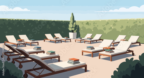 Sun loungers arranged for relaxation with books and beverages in garden.