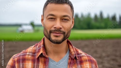 Portrait of a handsome man with a beard wearing a plaid shirt in a rural setting