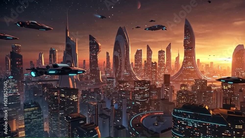 Futuristic cityscape with flying vehicles at sunset