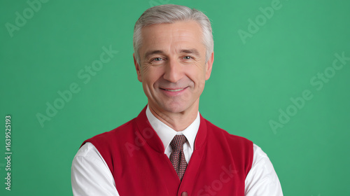 Smiling mature man in a red sweater vest presents a friendly demeanor against a solid green background.