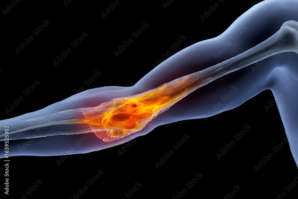 Fototapeta premium Anatomical illustration of elbow joint with highlighted inflammation, showing skeletal and muscular structure for medical education.