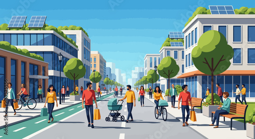 Vibrant city street scene with pedestrians, cyclists, and green energy buildings
