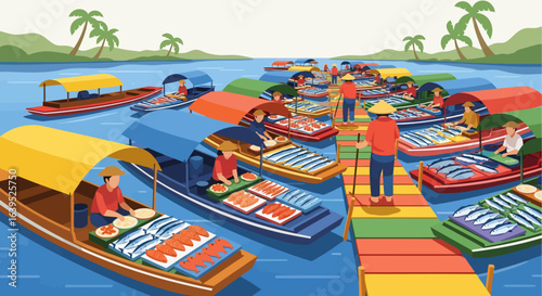 Vibrant Floating Fish Market Scene on a Colorful River