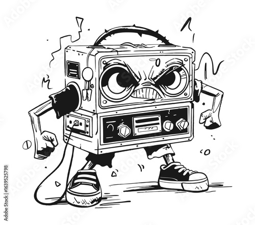 Hip Hop Graffiti Boombox Cartoon Character Vector Art Illustration of graffiti boombox character isolated on white background Premium Vector