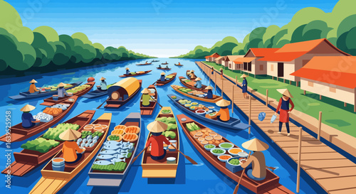 Vibrant Floating Market Scene with Colorful Boats and People