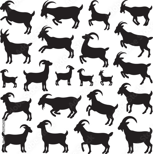 Collection of Black Goat Silhouettes in Various Poses on White Background animal farm
