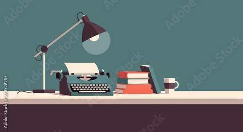 Vintage Typewriter, Books, and Lamp on a Desk, Creative Workspace.