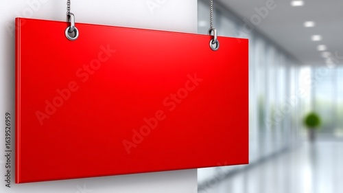 Large blank red rectangle suspended by chains against a blurred modern interior hallway background