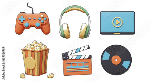 Cartoon entertainment icons including a gamepad headphones screen popcorn clapperboard and vinyl record