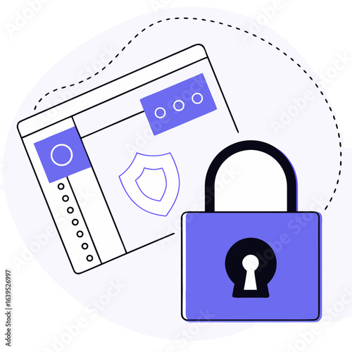 Illustration of a padlock and website, representing internet security and data protection isolated on white background