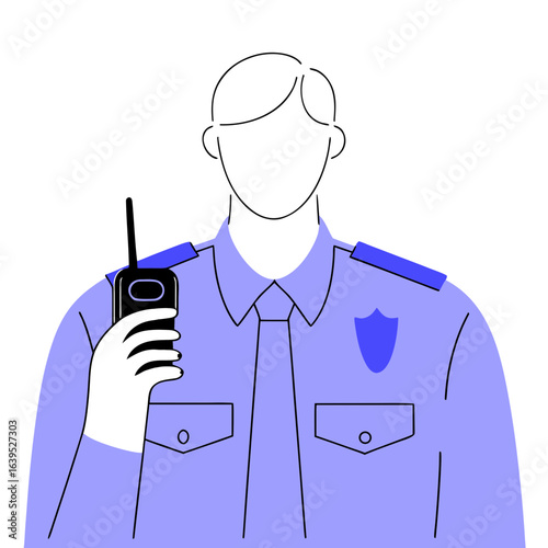 Security guard in uniform holding a radio, isolated on white background he is a professional man with a job in protection