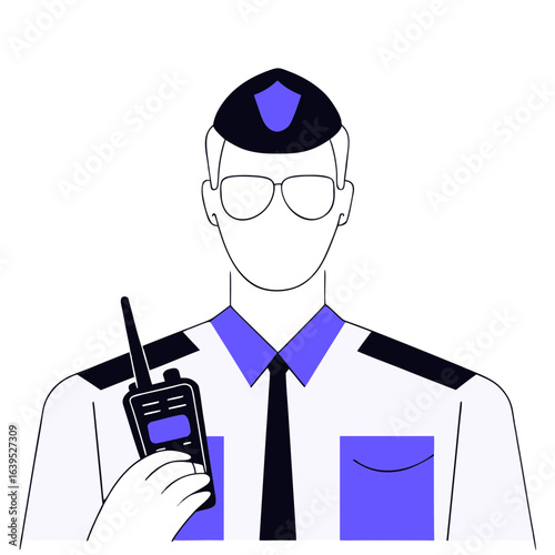 Security guard in uniform holding walkie talkie isolated on white background