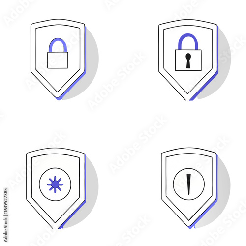 Set of security shields with lock, asterisk and exclamation mark isolated on white background