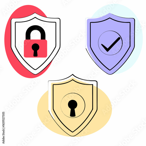 Three shields representing security, protection, and access, isolated on white background