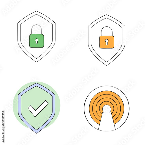 Various security shields with lock, check mark and wifi symbol isolated on white background