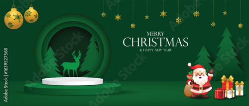 Merry Christmas Santa with Gifts and Deer Podium Scene