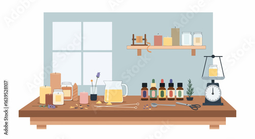 Artisan Candle Making Studio Setup with Essential Oils and Supplies