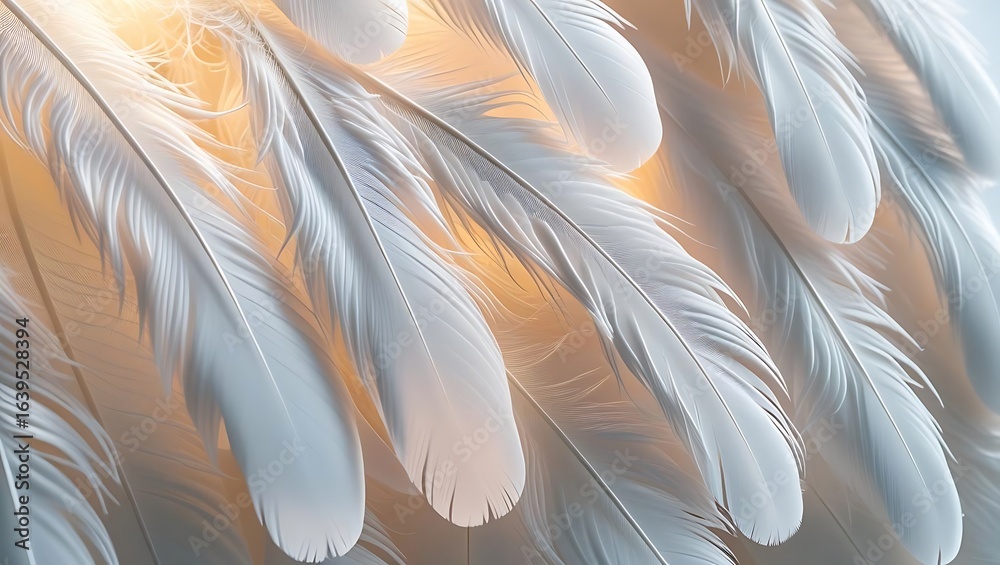 Naklejka premium Soft White Feathers with Golden Light Shining Through