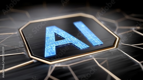 Close up view of glowing blue AI lettering on a dark metallic surface with geometric patterns