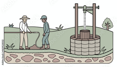 People drilling wells concept. Geological excavations. Well, liquid pump. Water supply system. Structure of soil and ground. Poster or banner for website. Cartoon flat vector illustration             