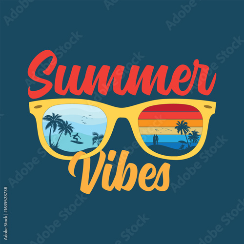 Summer vibes beach vector design with yellow sunglass . Summer surfing illustration.