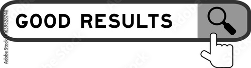 Search banner in word good results with hand over magnifier icon on white background