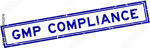 Grunge blue GMP (Good manufacturing practice) compliance word square rubber seal stamp on white bacckground