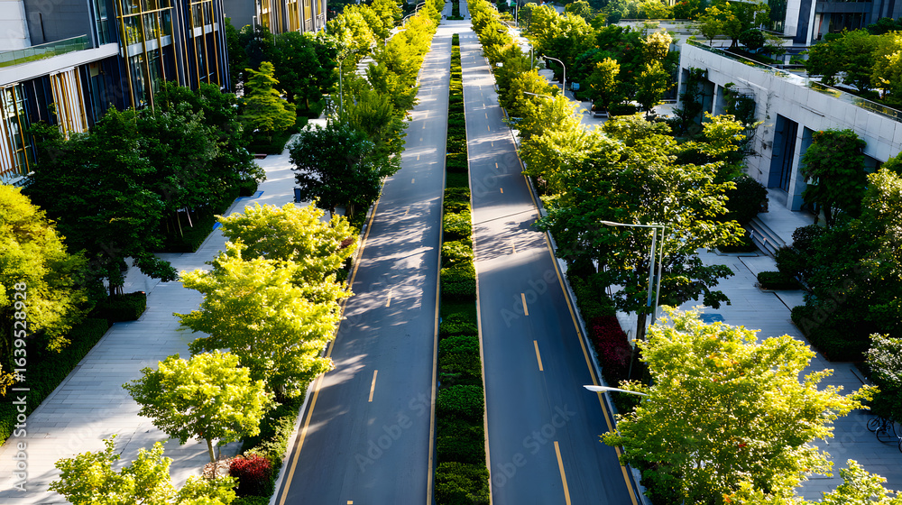 Obraz premium Aerial View of Lush Green Streets with Urban Architecture and Clear Blue Skies