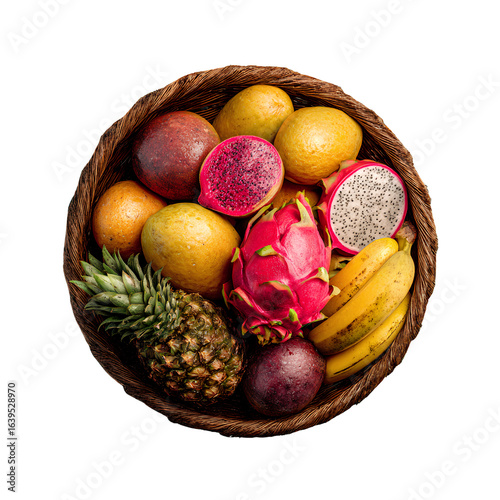 Assorted Fresh Tropical Fruits in Rustic Wicker Basket, Top View, Transparent Background