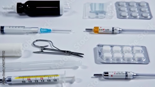 Dynamic Tracking Shot Over a Clinical Array of Medical Supplies, Syringes, and Medications