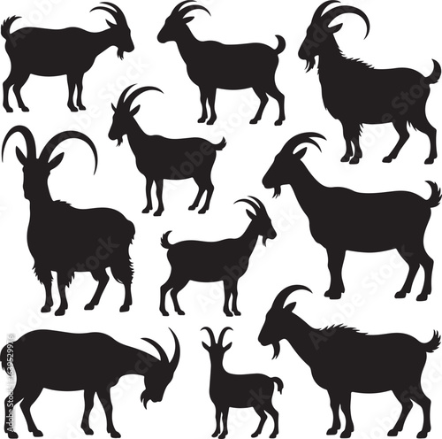 Collection of eleven black silhouette goats in various poses on a white background animal farm