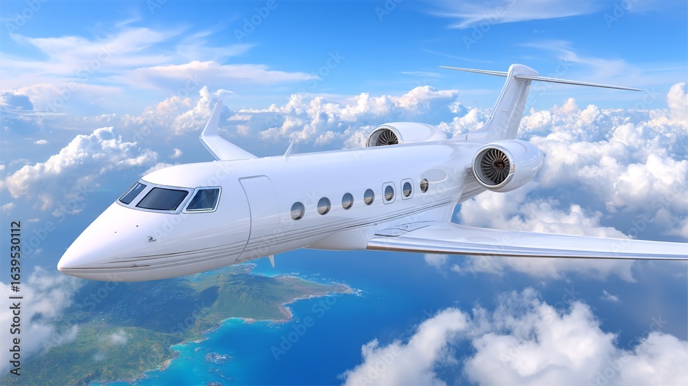 Naklejka premium White private jet airplane flying above ocean and coastline under a blue sky with clouds
