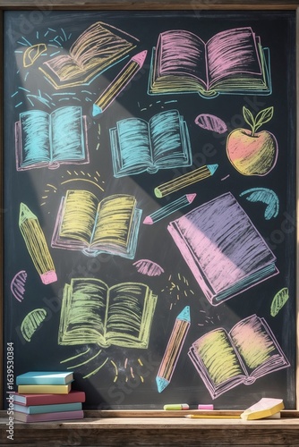 Hand-drawn school doodles on textured chalkboard surface