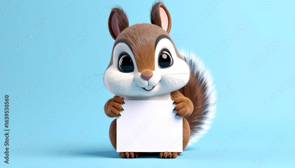 Fototapeta premium Cartoon squirrel holding blank paper on blue background.