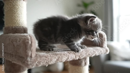 An adorable small grey tabby kitten, a young domestic cat with fluffy fur, cautiously explores its new home from a beige cat tree