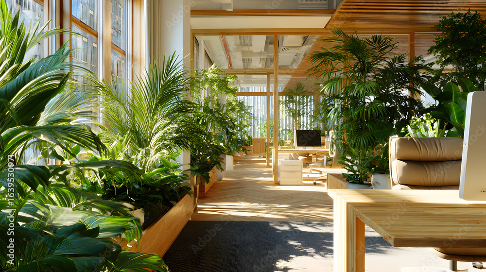 Fototapeta premium Modern Office Space with Abundant Greenery and Natural Light