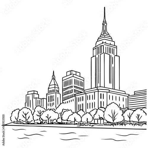 A black and white line drawing of a city skyline with tall buildings and trees isolated on white background