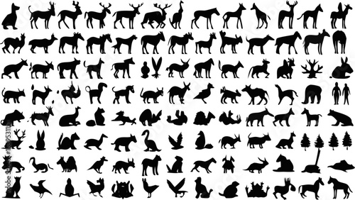 Silhouette collection showcasing diverse wildlife and domestic animals in black and white design