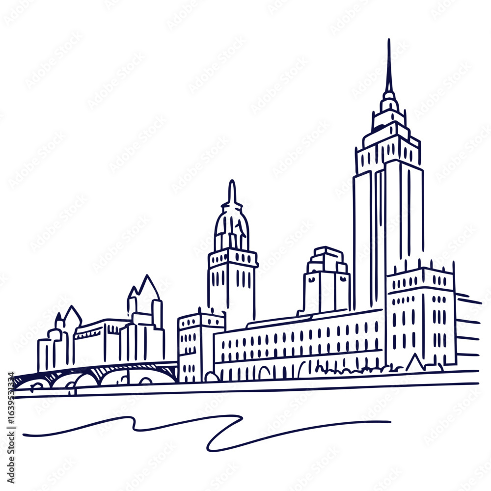 Fototapeta premium City skyline with building and river isolated on white background in simple style