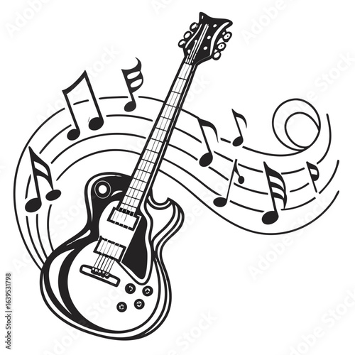 Illustration of an electric guitar with music notes isolated on white background