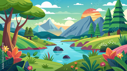 Vector art of picturesque cartoon landscape featuring a tranquil river flowing through a verdant valley with rolling hills and majestic mountains under a colorful sky at sunrise