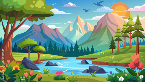 Vector art of vibrant cartoon landscape with majestic mountains, a winding river, lush green hills, colorful trees, and blooming flowers under a bright sunny sky
