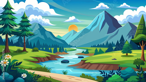 Vector art of an idyllic cartoon landscape showcasing towering mountains, a flowing river, verdant green meadows, and a clear blue sky with scattered clouds, perfect for a serene natural backdrop