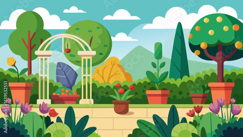 Vector art of idyllic cartoon garden with blooming flowers, elegant stone pillars supporting an arch, diverse trees, and a scenic pathway leading through the landscape