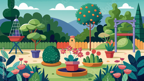 Vector art of an idyllic garden illustration showcasing diverse plants, blooming flowers, trees, and decorative elements like an arch and trellis, set against a backdrop of rolling hills