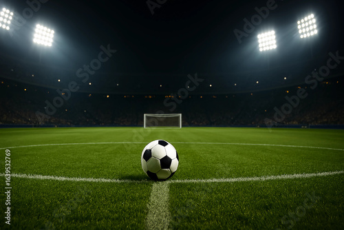 Anticipation hangs in the air as a soccer ball sits on the pitch ready for kickoff under stadium lights at night low