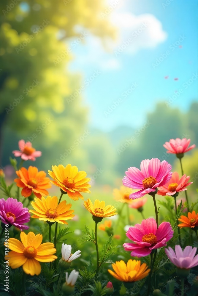 Fototapeta premium Sun-Drenched Spring Flowers Vibrant Bloom, Joyful Scene, Natural Beauty
