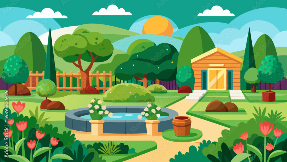 Fototapeta premium Vector art of beautifully manicured garden with a central fountain, a charming wooden house, and lush greenery under a sunny sky, perfect for outdoor leisure and relaxation