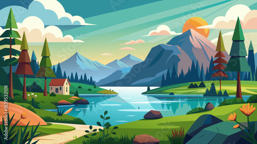 Vector art of picturesque cartoon landscape with a cozy house nestled by a tranquil river, surrounded by mountains, trees, and a bright, sunny sky